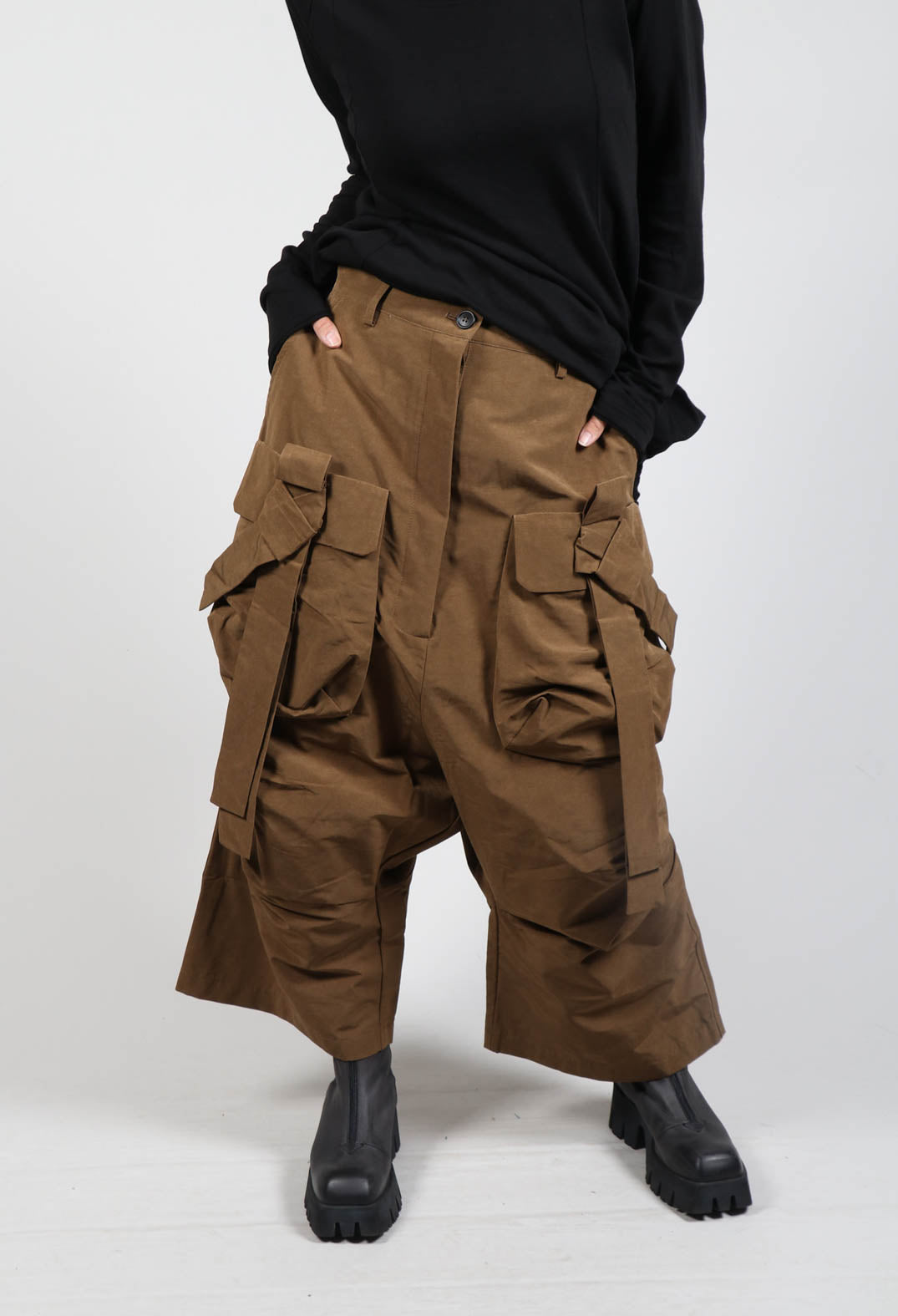Drop Crotch Trousers with Belt Detail in Bronze