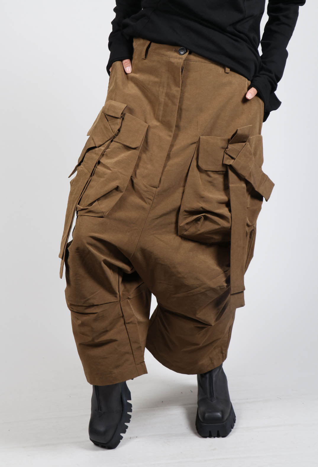 Drop Crotch Trousers with Belt Detail in Bronze