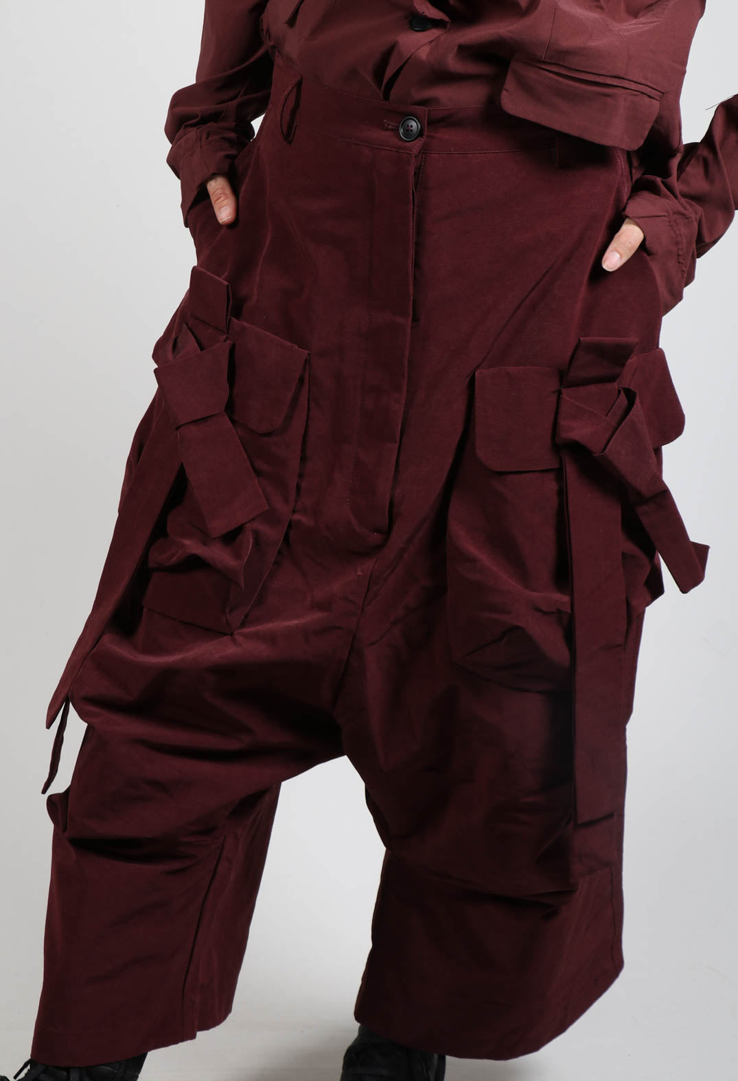 Drop Crotch Trousers with Belt Detail in Wood