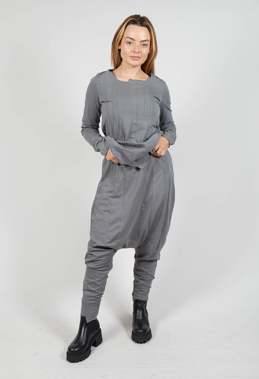 Drop Crotch Trousers with Exposed Seams in Rock