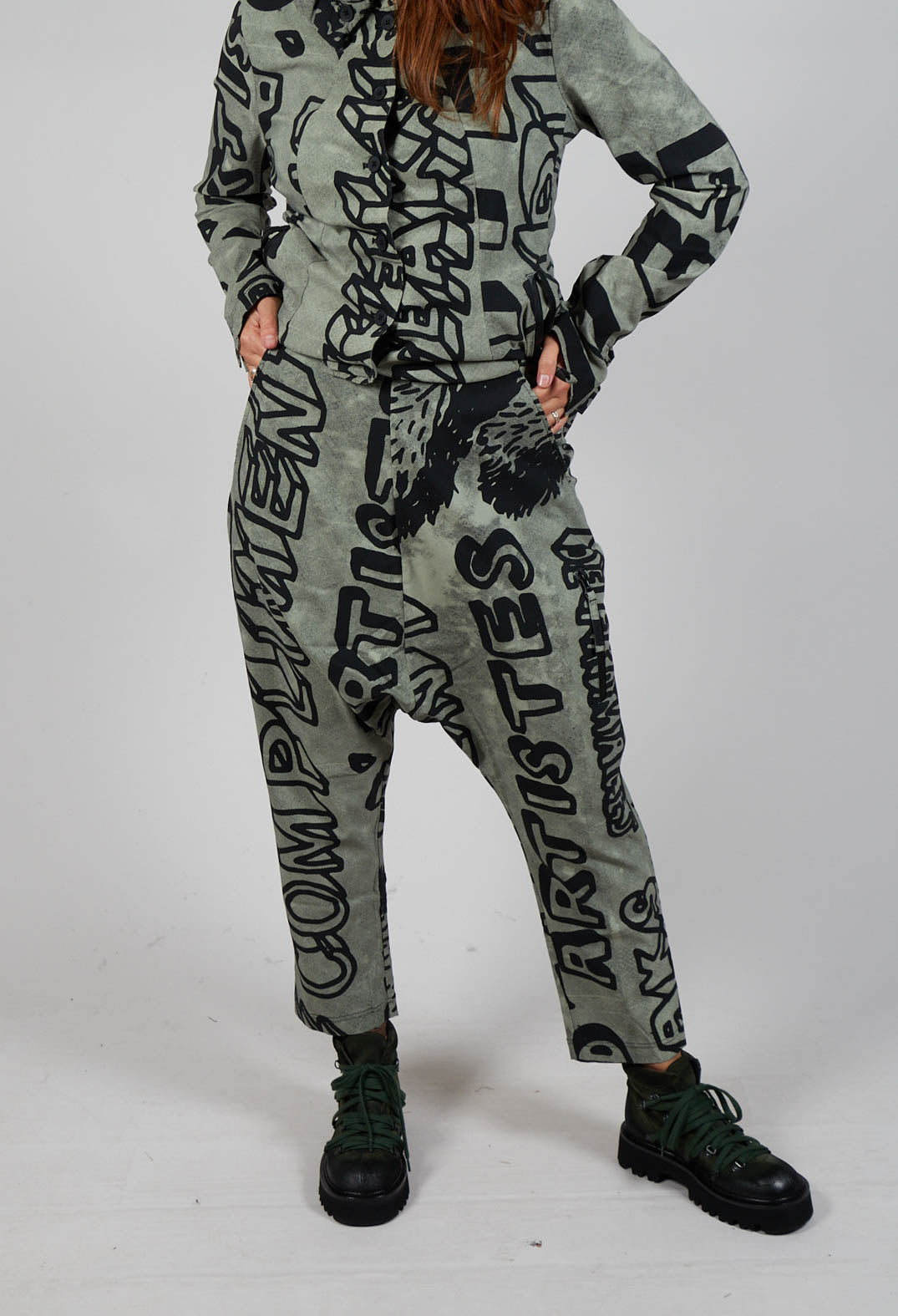 Drop Crotch Trousers with Tapered Leg in Defender Big Print