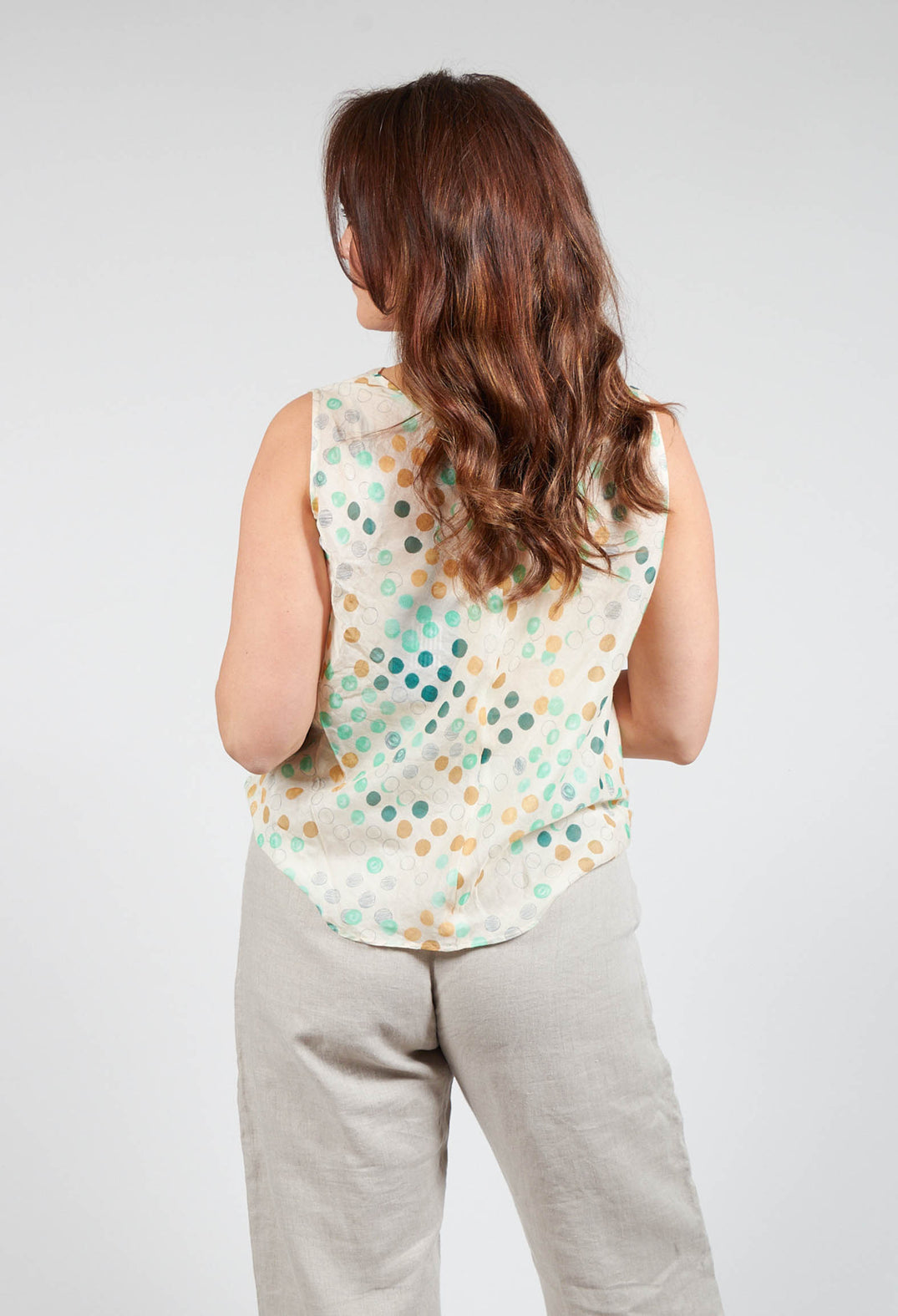 Cotton Sleeveless Top with Gathered Front with Cream and Green Spots