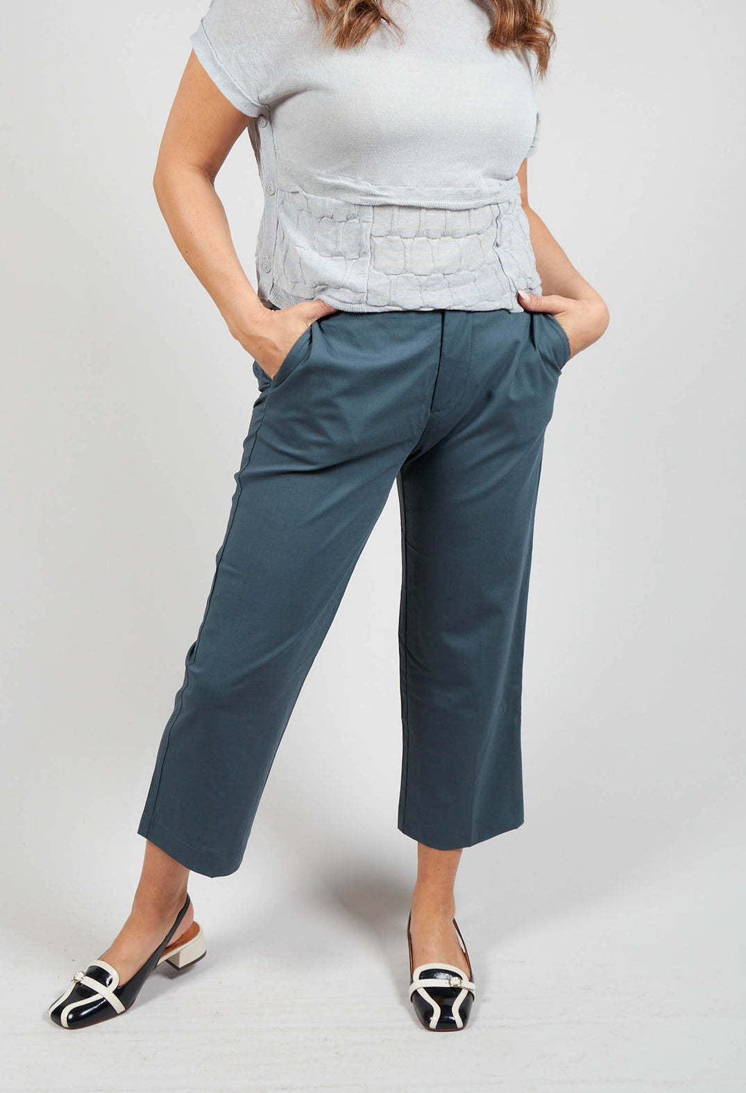 Trousers with Button at Waistband in Lagoon Blue