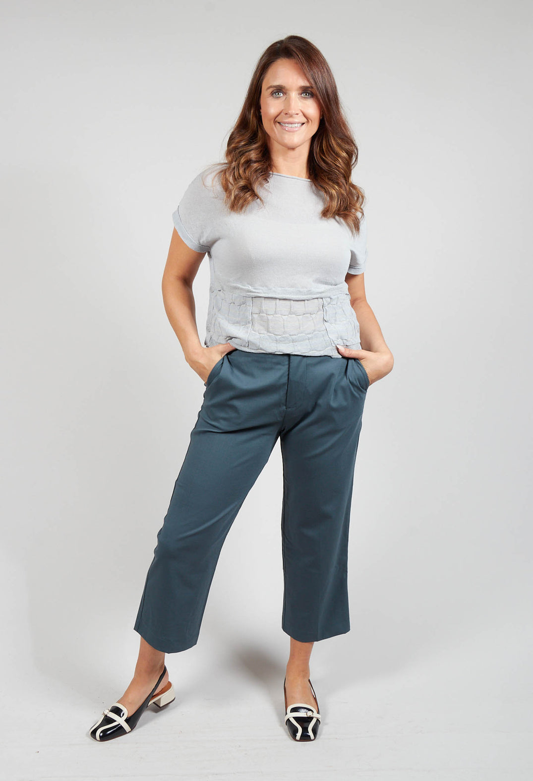 Trousers with Button at Waistband in Lagoon Blue