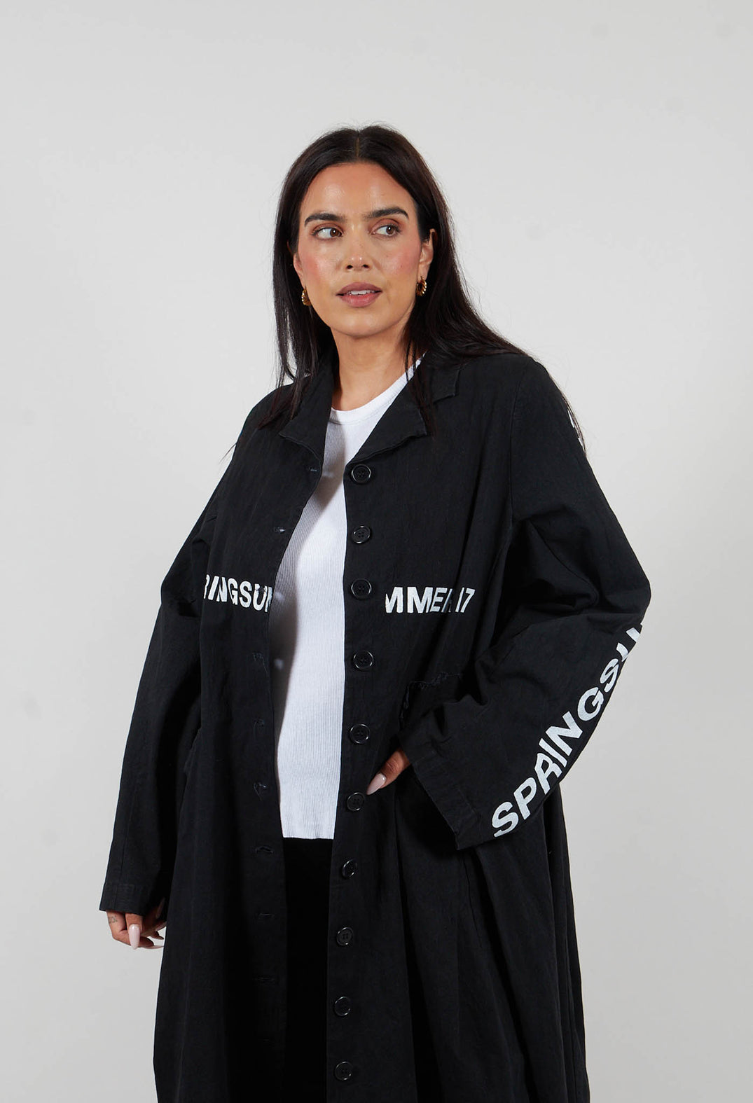 Fatima Coat with Text in Black Printed