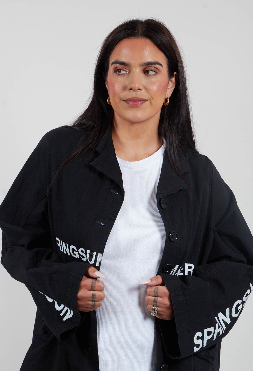 Fatima Coat with Text in Black Printed