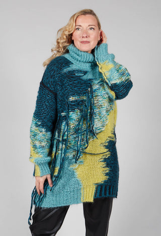 Roll Neck Jumper with Fringe Detail in Turquoise