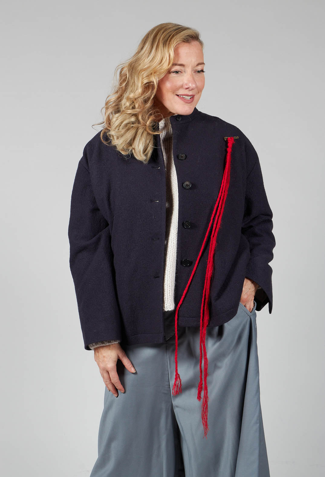 High Neck Jacket with Contrast Lining in Dark Navy