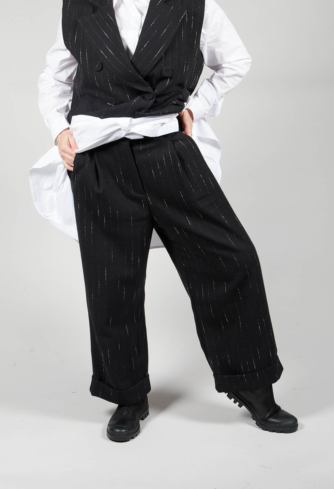 Striped Pleated Slacks in Black