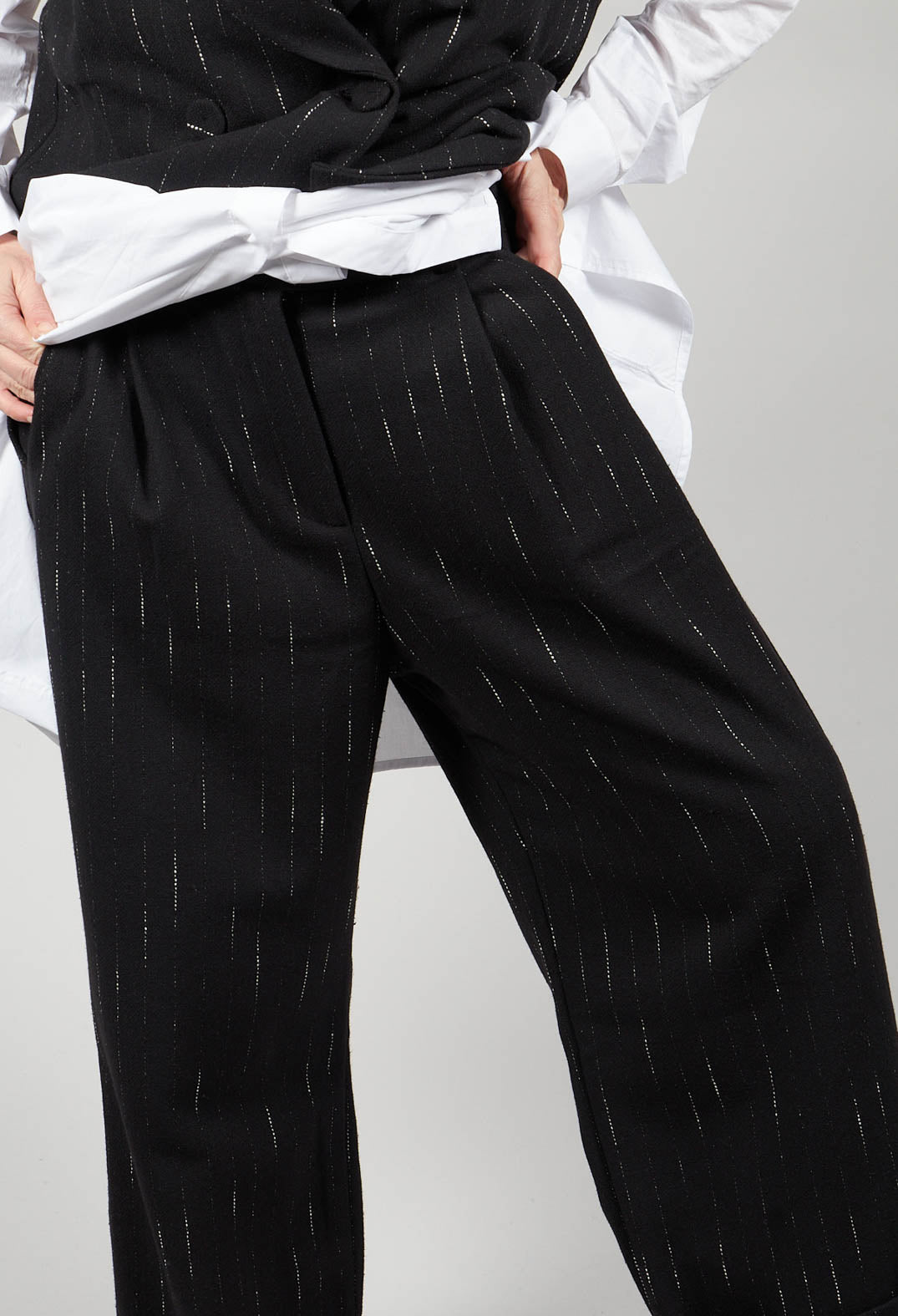 Striped Pleated Slacks in Black