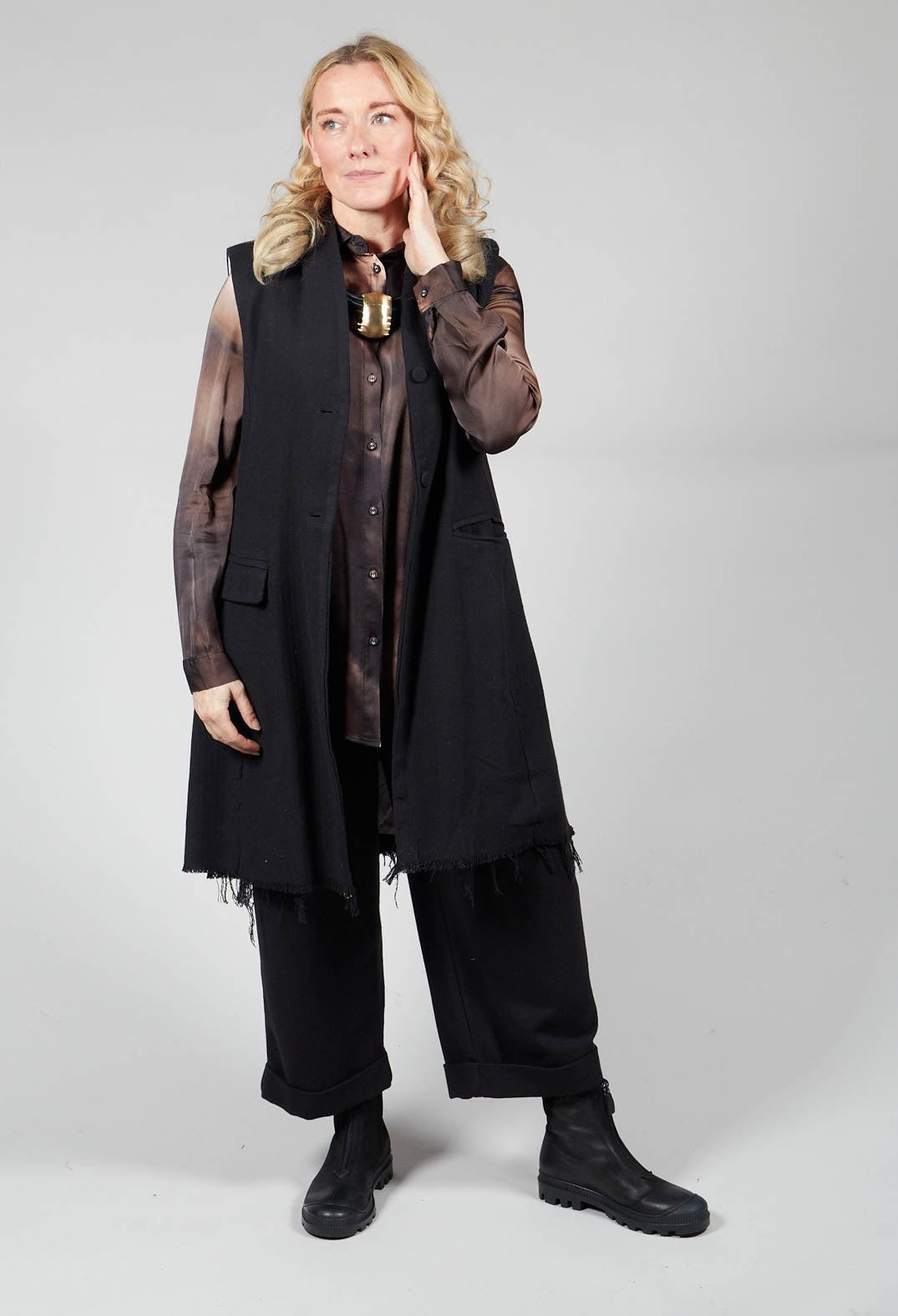 Long Button Up Vest in Black