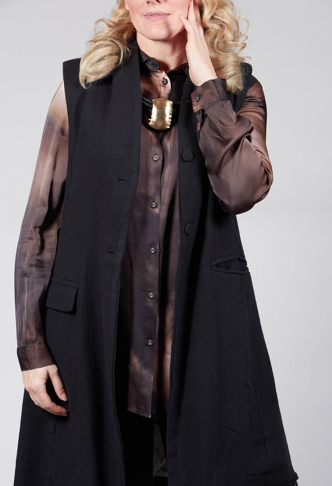 Long Button Up Vest in Black