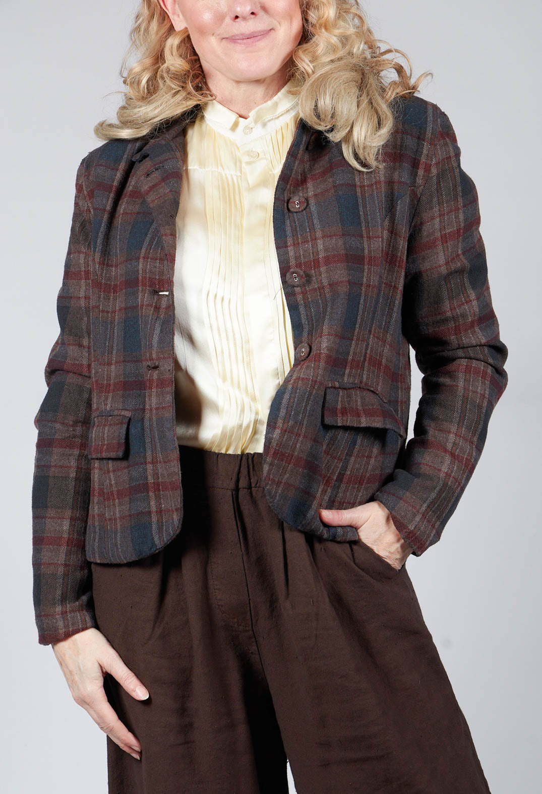 Cotton Plaid Cropped Jacket in Espresso