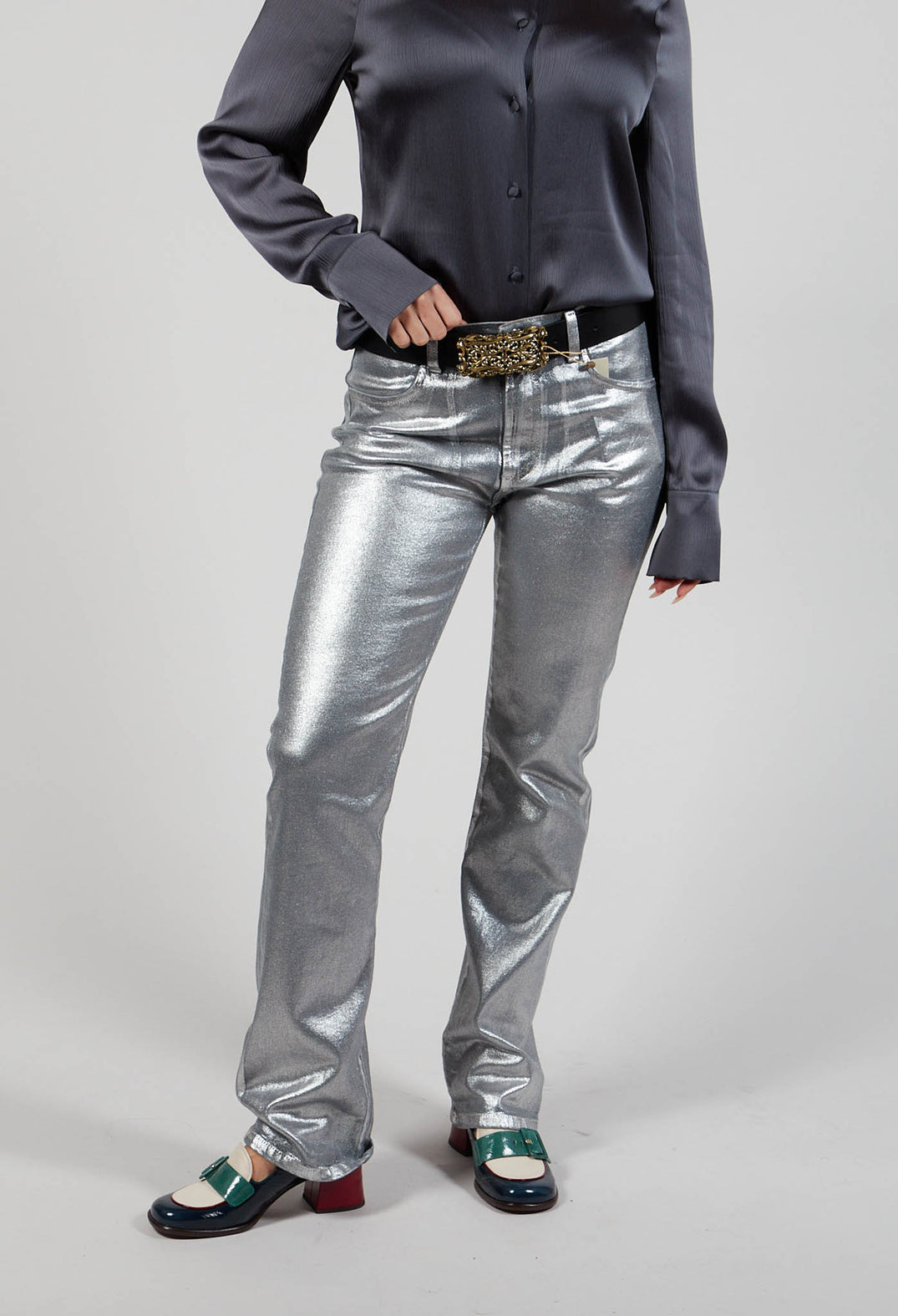 Coated Slim Fit Jeans in Silver