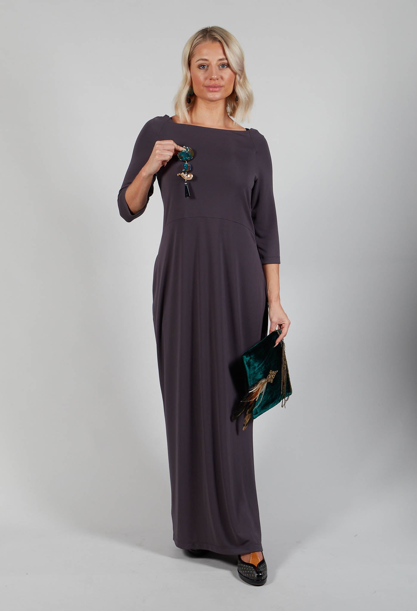 Long Dress with Three Quarter Length Sleeves in Dark Grey Olivia May