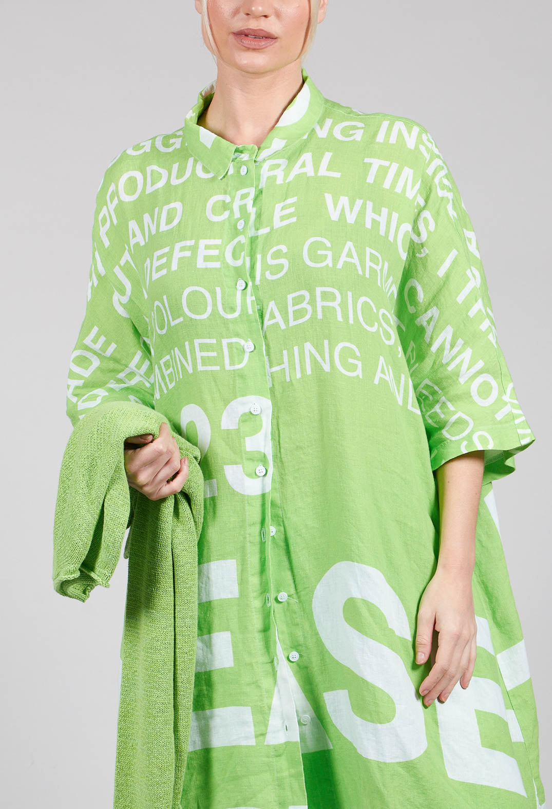 Linen Shirt Dress with Large Lettering in Lime Print
