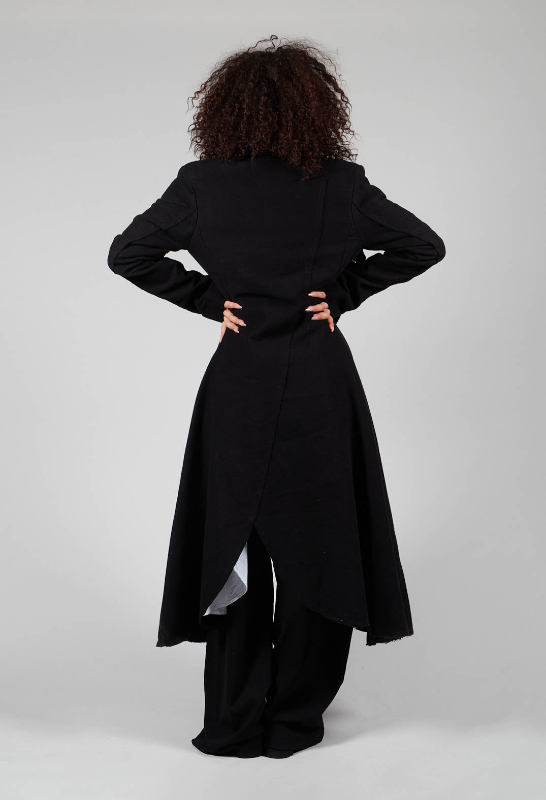 Curved Hem Coat with Asymmetric Fastening in Black