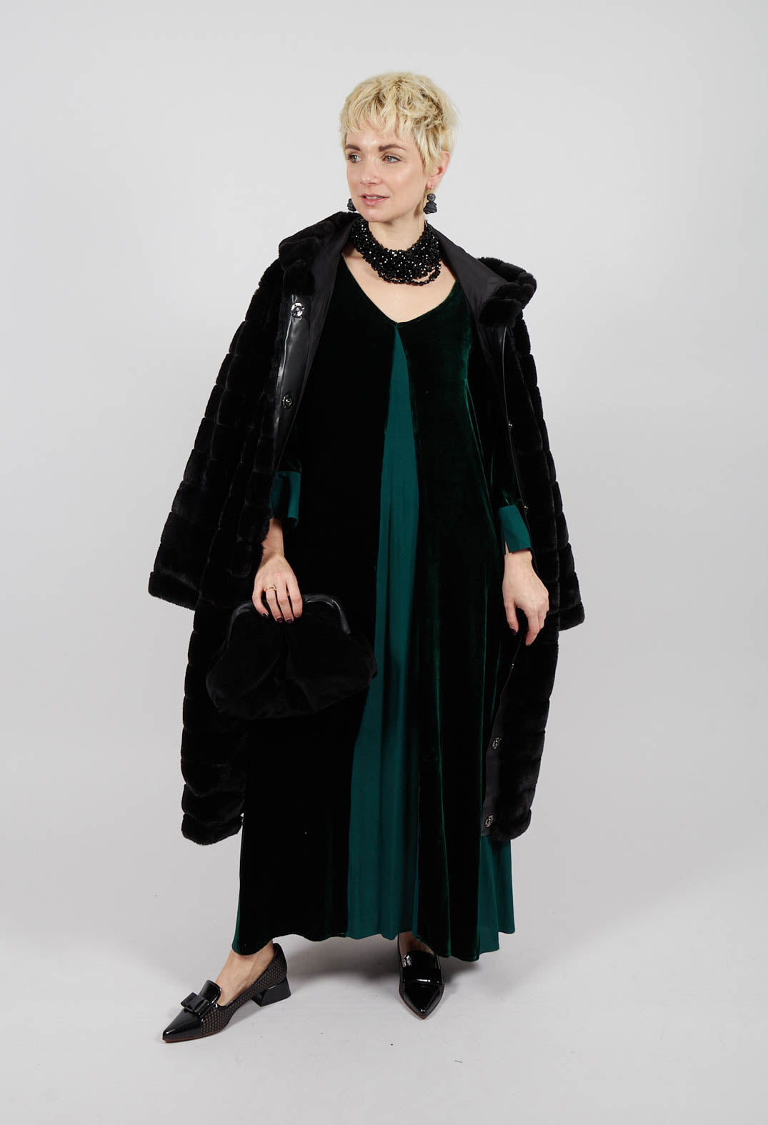 Circe Dress in Velvet Plain Bottle Green