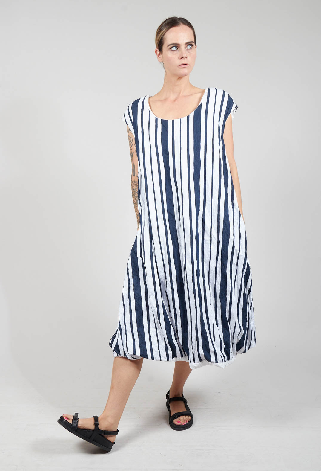 Sleeveless Striped Tulip Dress in White