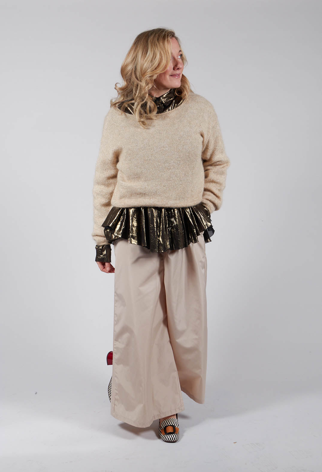 Metallic Button Up Blouse in Gold Black