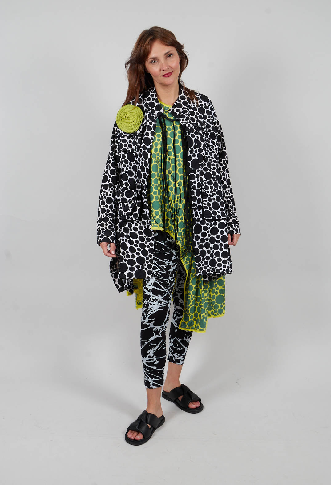 Asymmetrical Jersey Tunic Top in Lime with Green Pois