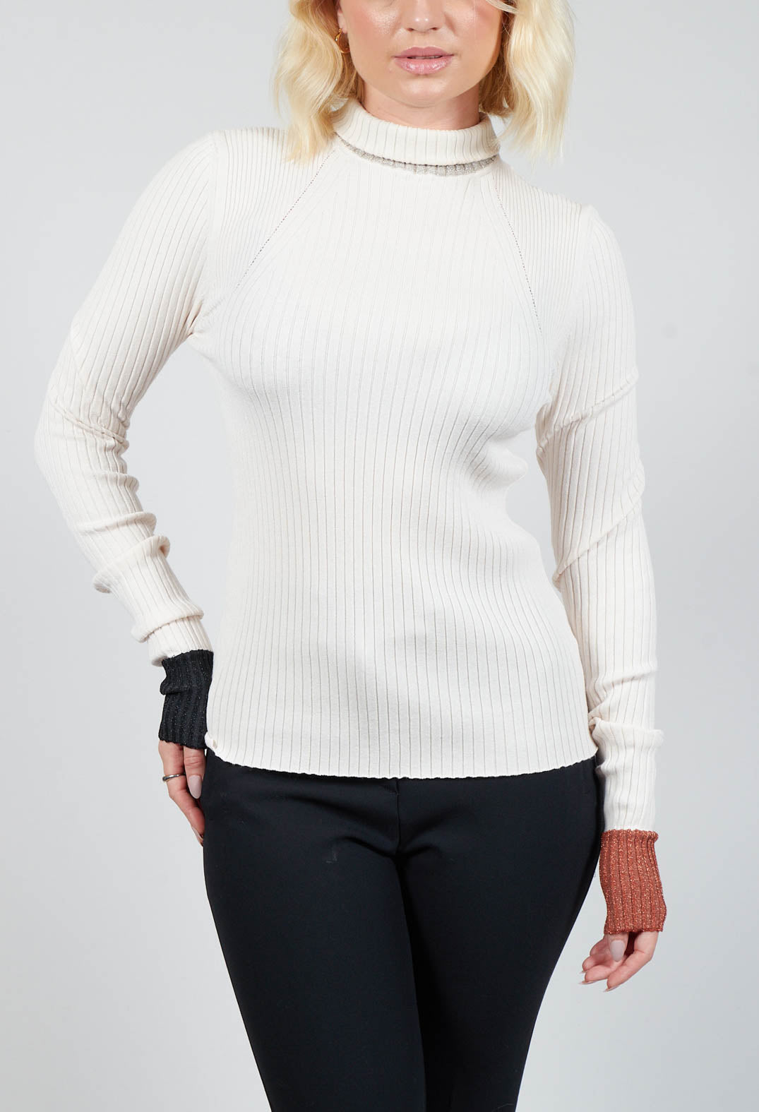Ribbed Neck Jumper with Silver and Black Trim