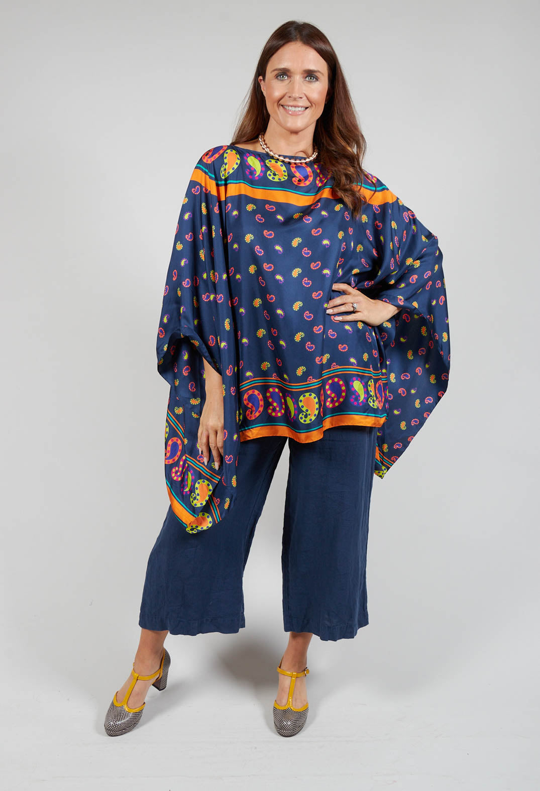 Silk Printed Drape Top in Blu/Rosa/Arancio