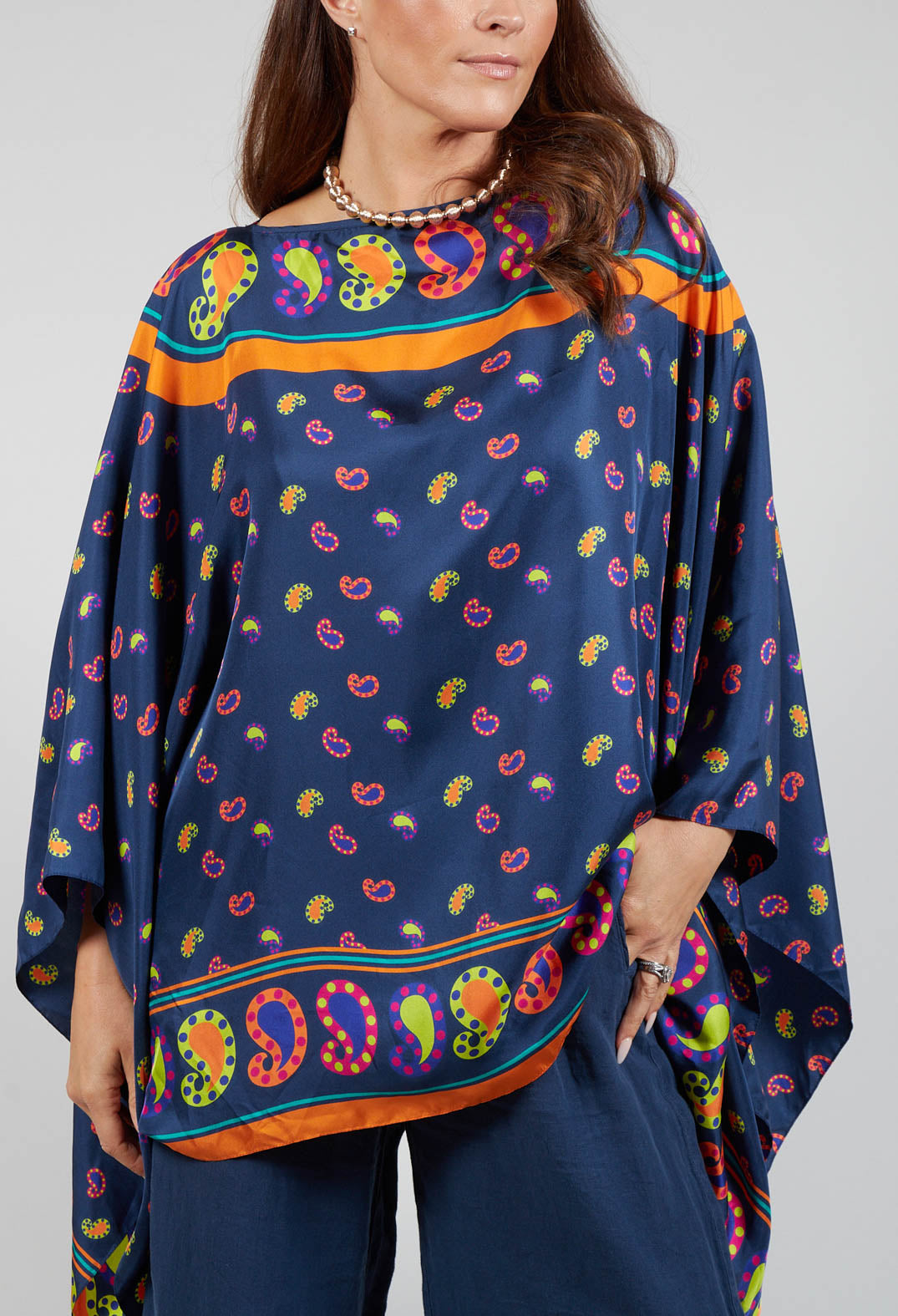 Silk Printed Drape Top in Blu/Rosa/Arancio