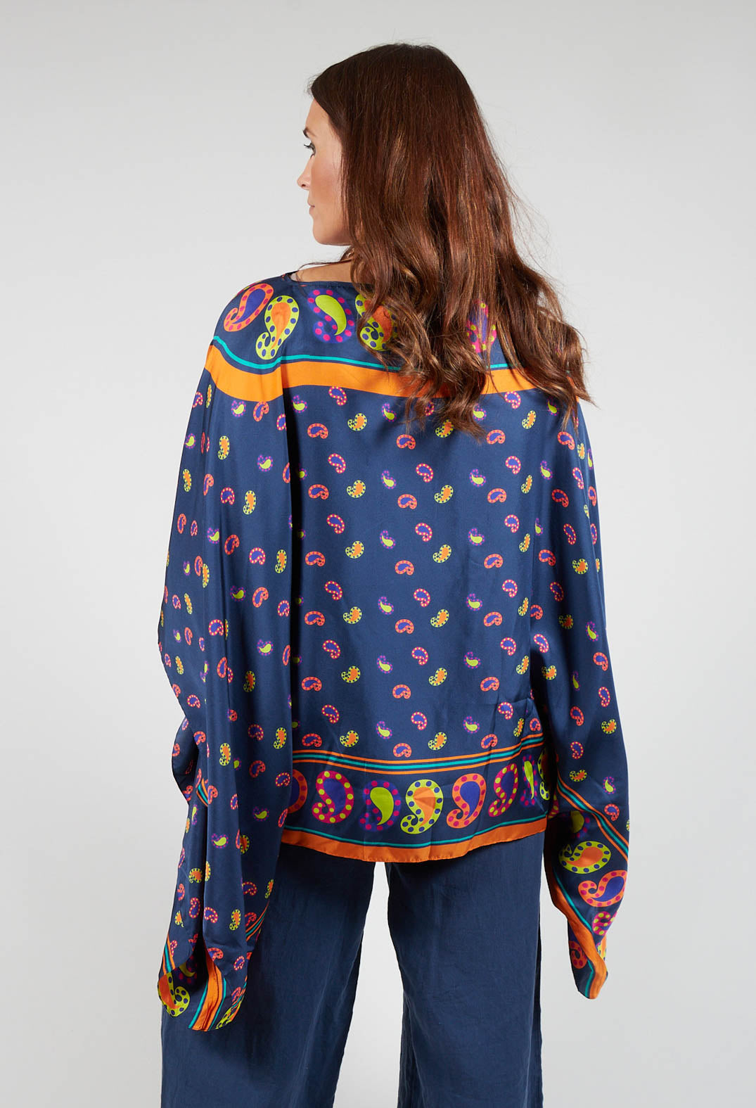 Silk Printed Drape Top in Blu/Rosa/Arancio