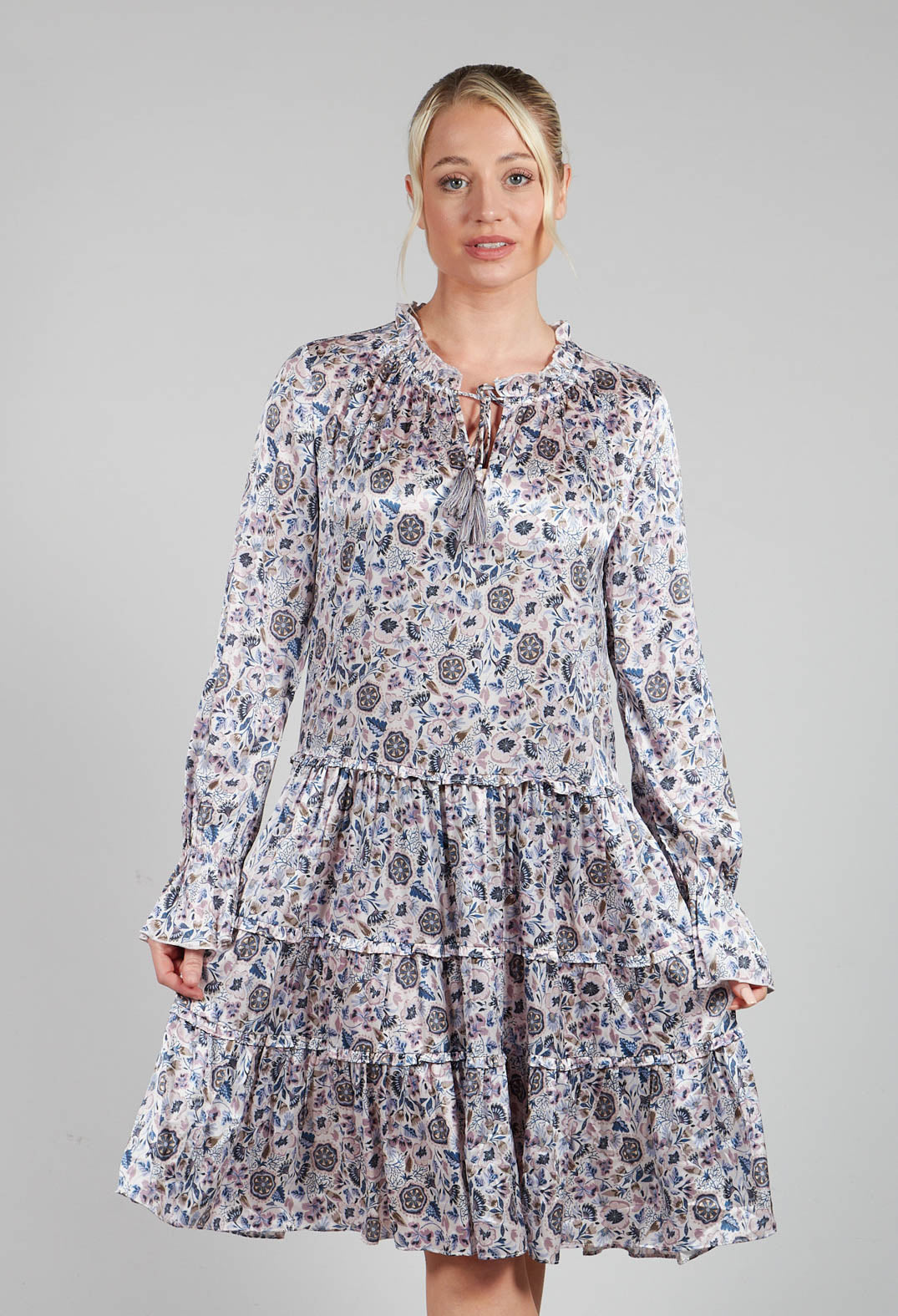 Midi Dress with Tiered Ruffled Detail in Waterflower Orchid