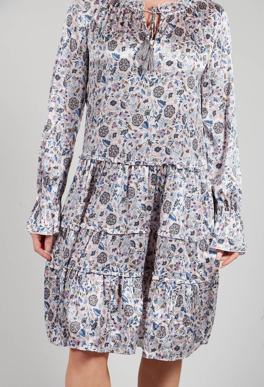 Midi Dress with Tiered Ruffled Detail in Waterflower Orchid