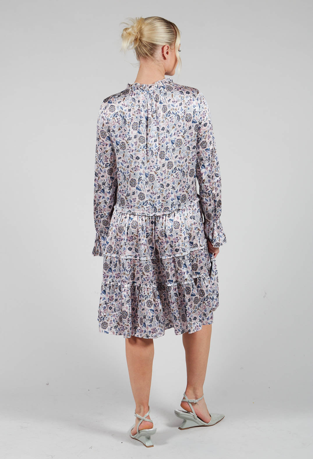 Midi Dress with Tiered Ruffled Detail in Waterflower Orchid