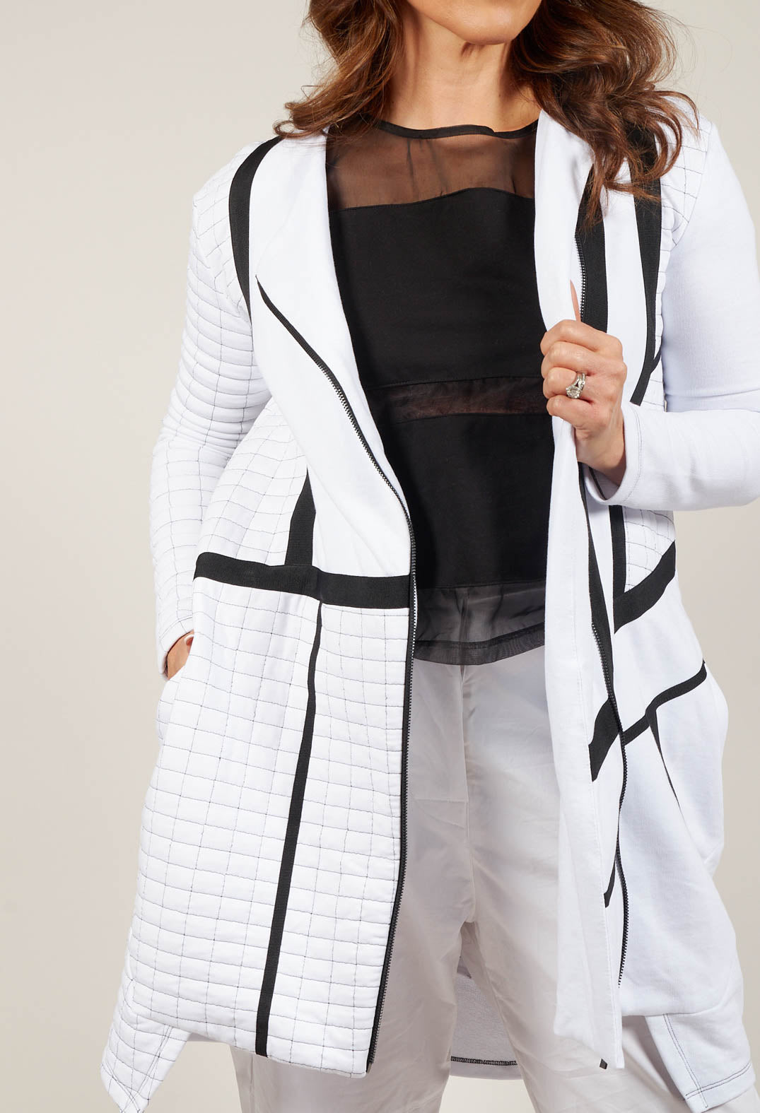 Quilted Coat with Zip Front in Bianco
