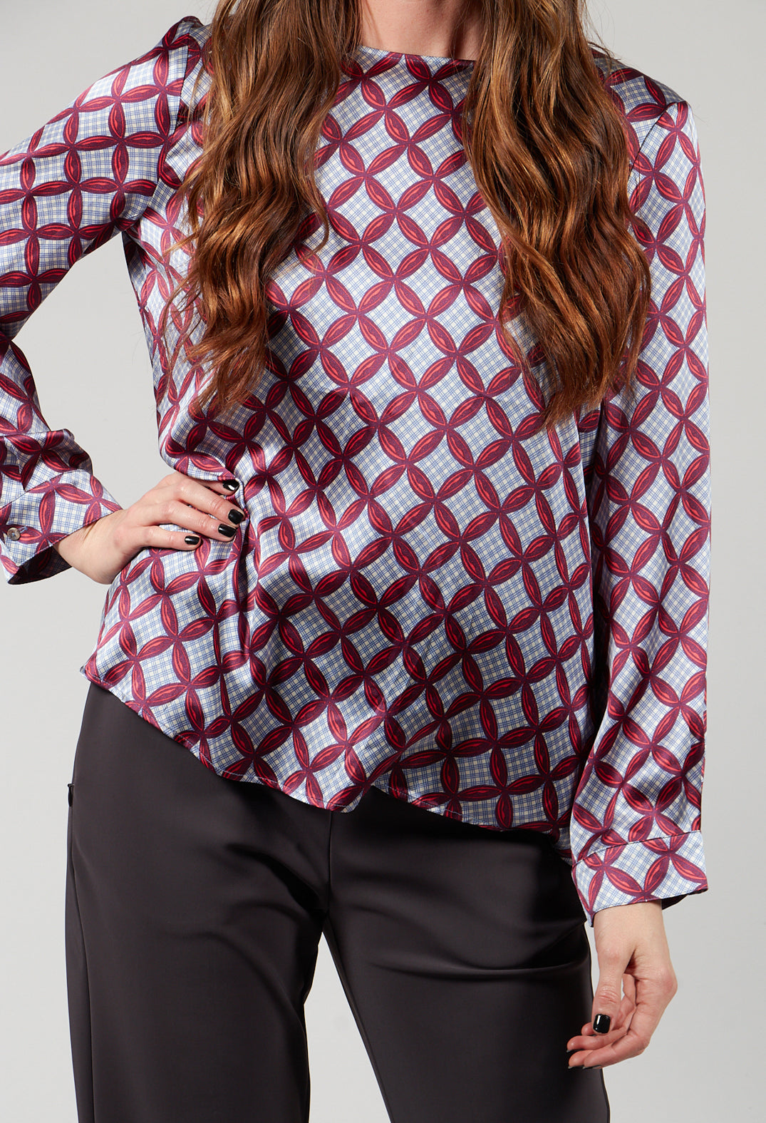 Long Sleeved Patterned Silk Blouse in Hibiscus