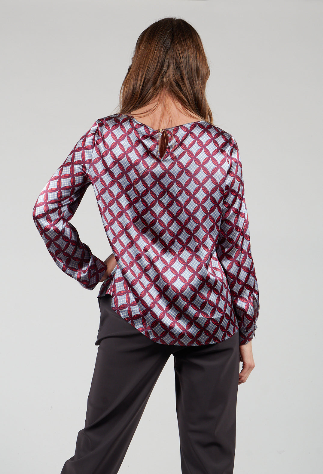 Long Sleeved Patterned Silk Blouse in Hibiscus