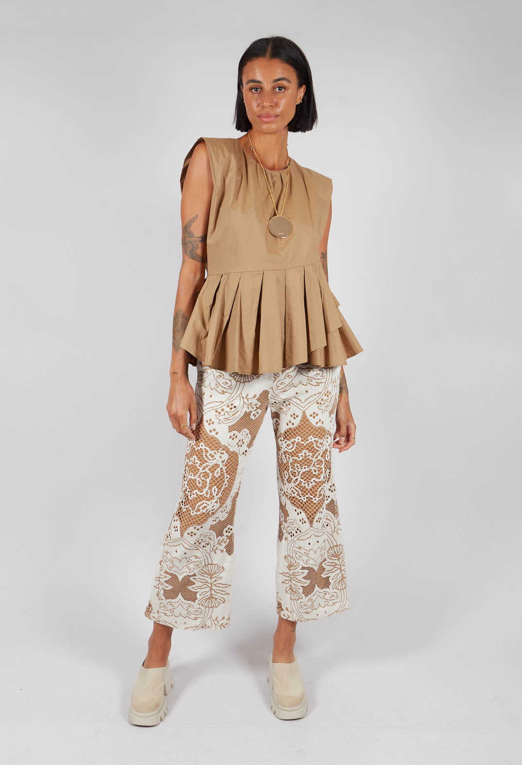 Straight Leg Trousers with Lace Detail in Tan Brown