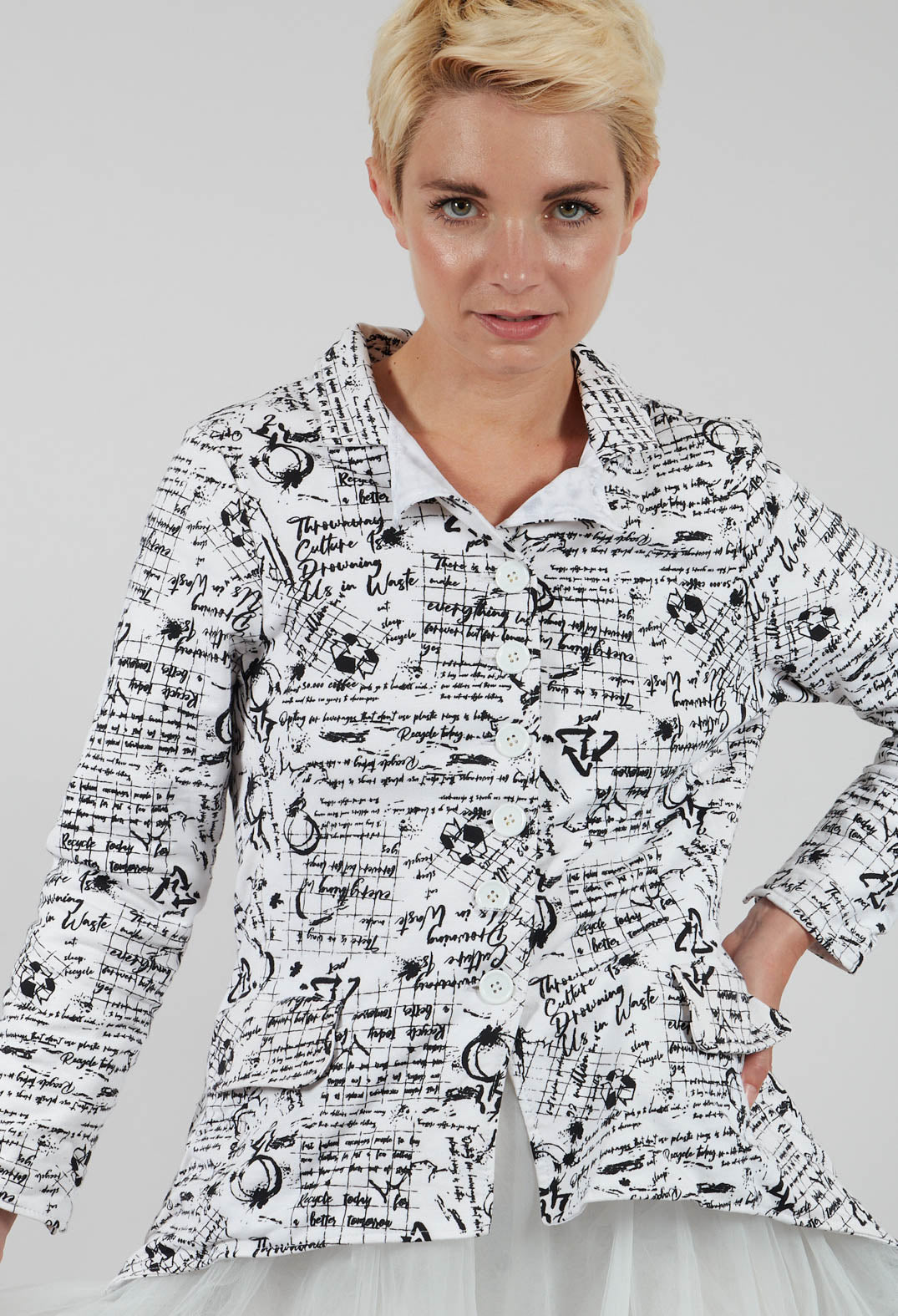 Hi Lo Jacket in white with Black Seregraphy