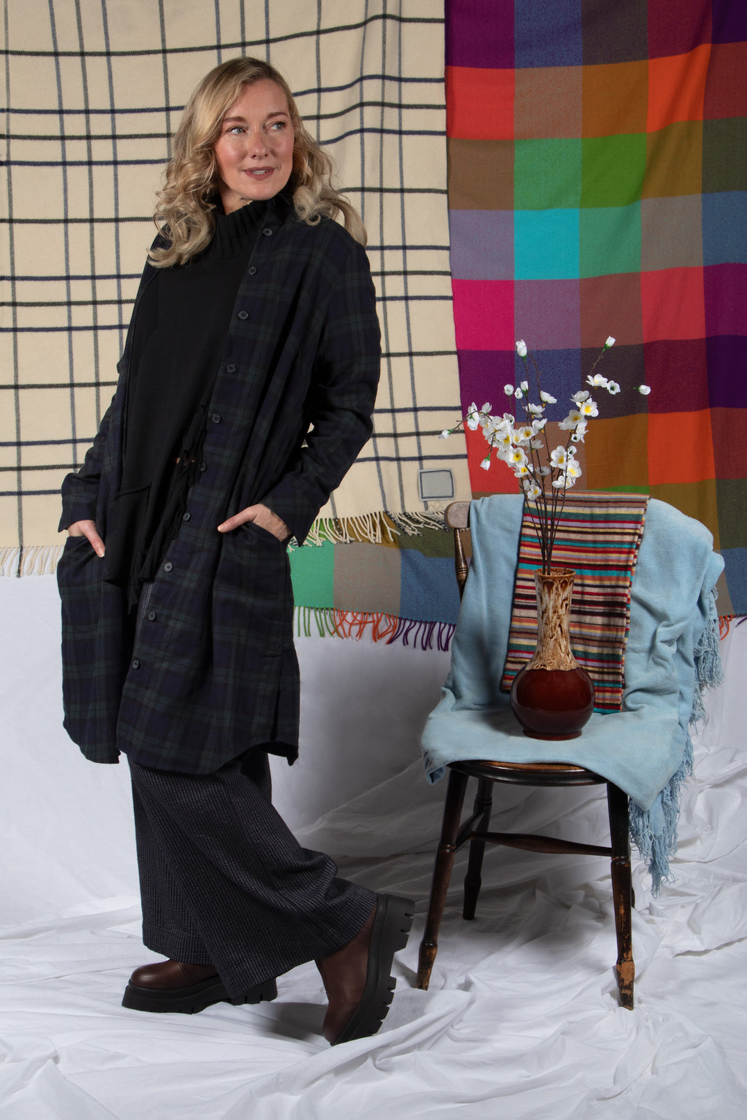 Long Sleeved Shirt Dress in Blue / Green Tartan