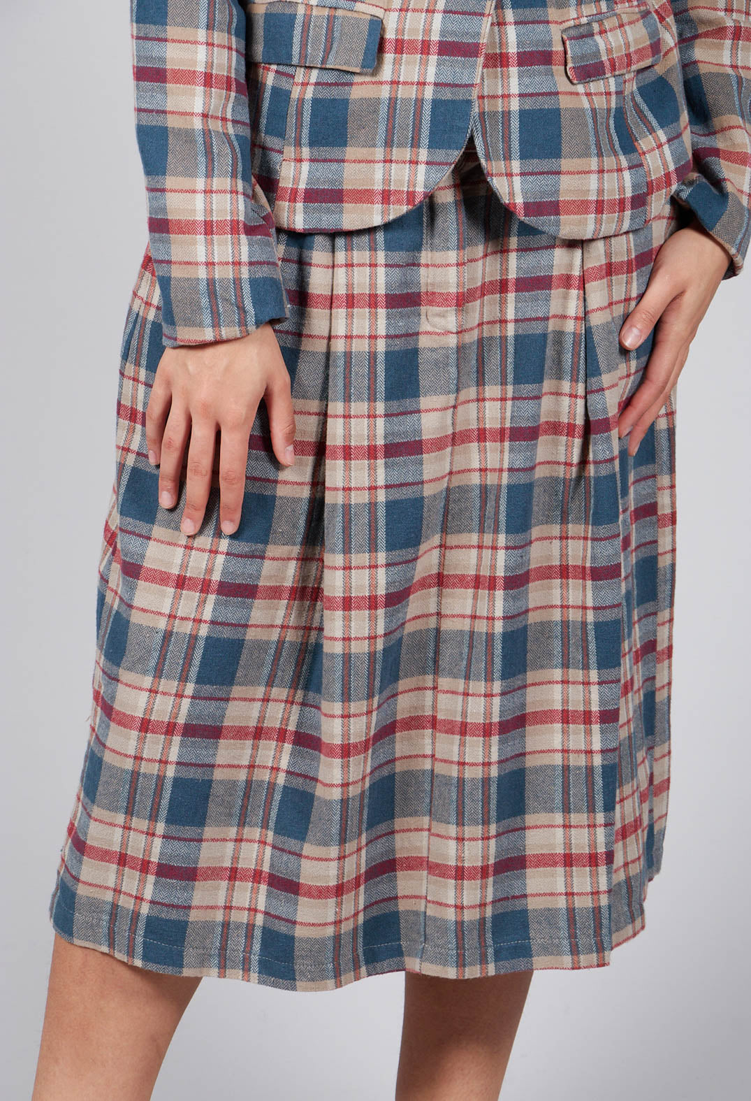 Elastic Waist Plaid Cotton Skirt in Sand