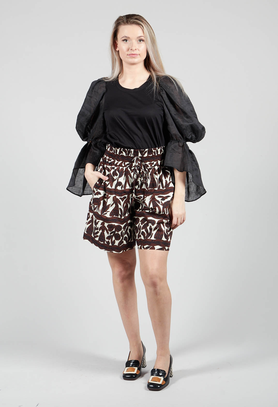 Elasticated Waistband Shorts in Brown Print