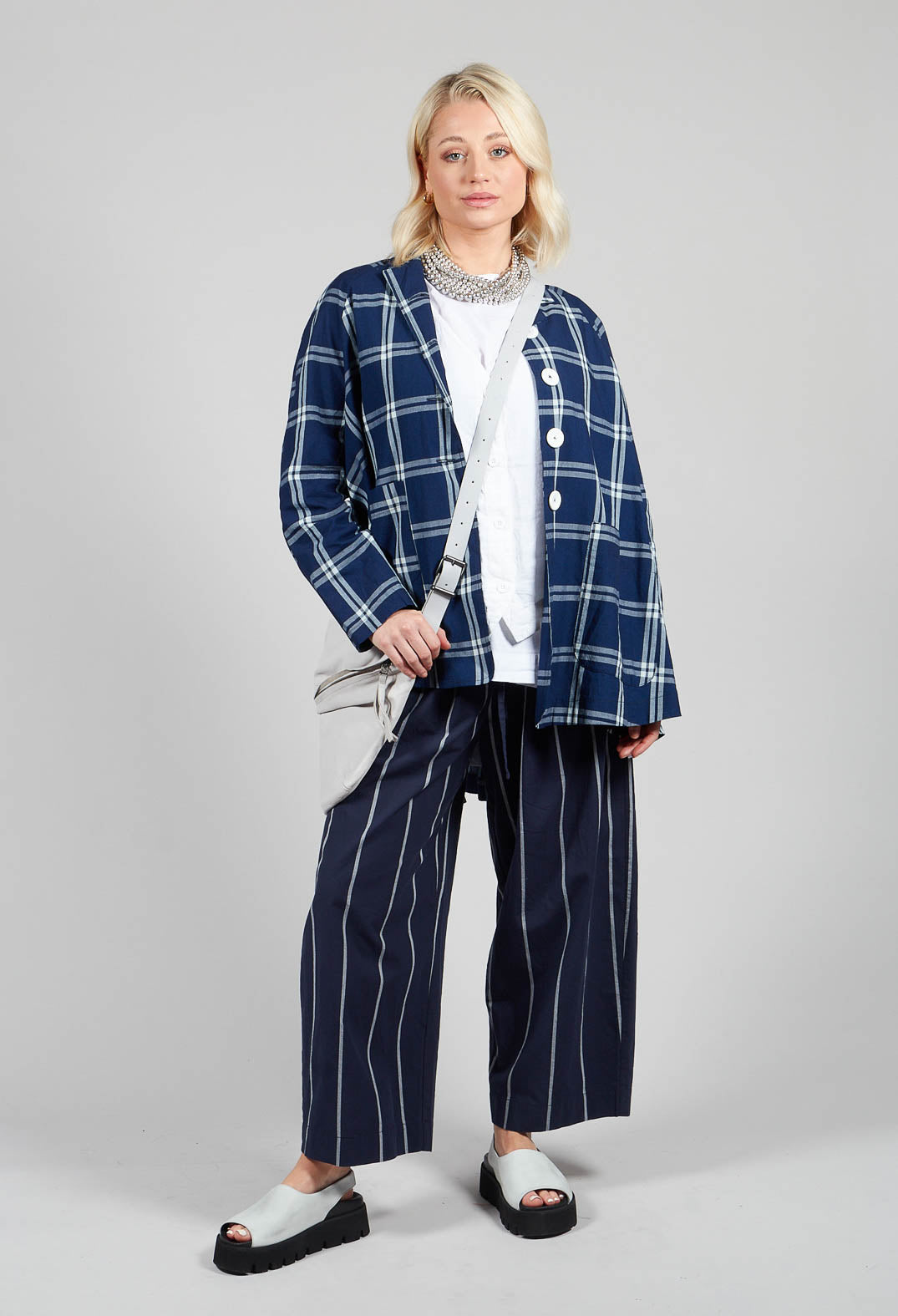 Pull String Waist Trousers in Indigo Striped