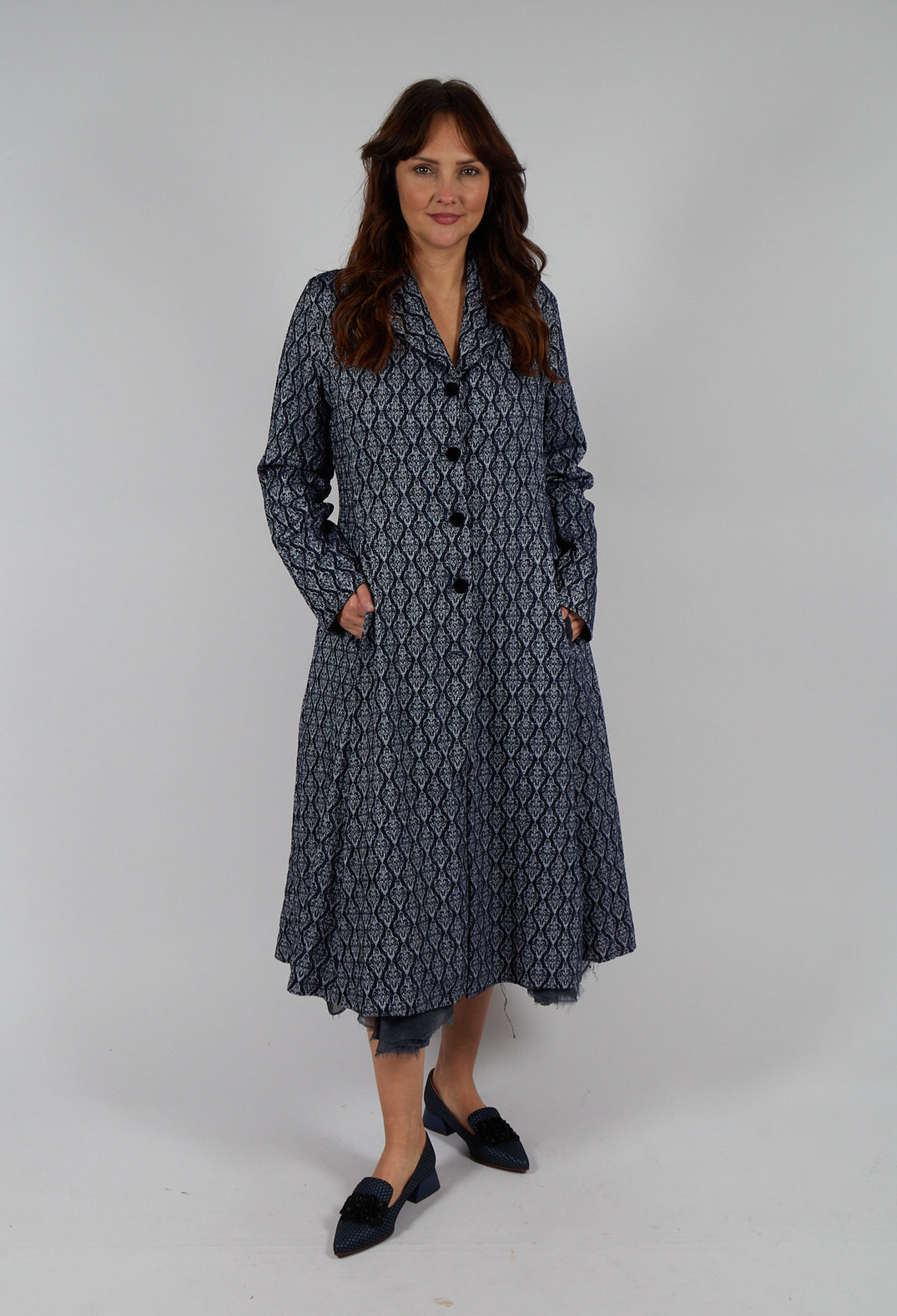 Long Patterned Coat in Navy