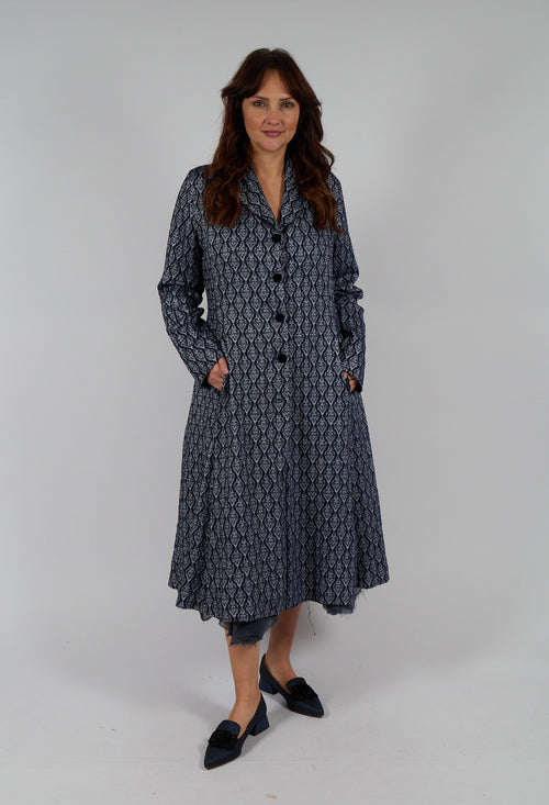 Long Patterned Coat in Navy