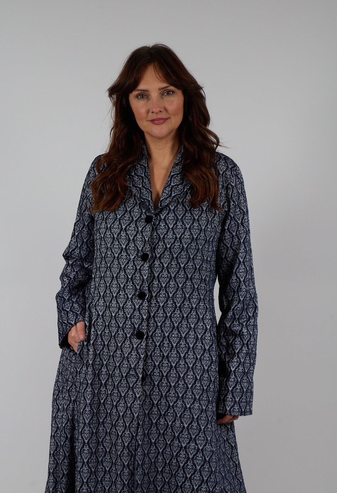 Long Patterned Coat in Navy