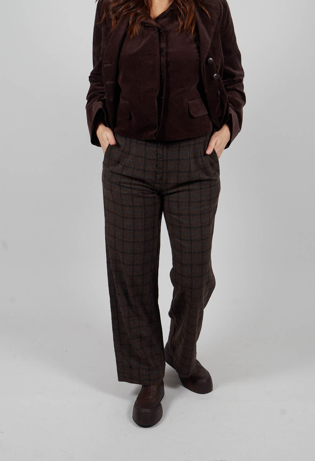 Wide Trousers with Button Front in Brown