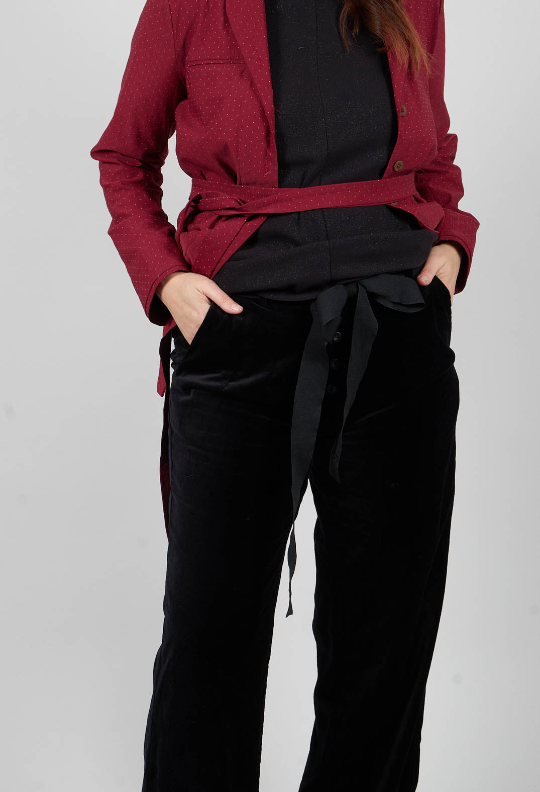 Belted Wide Leg Trousers in Black Velvet