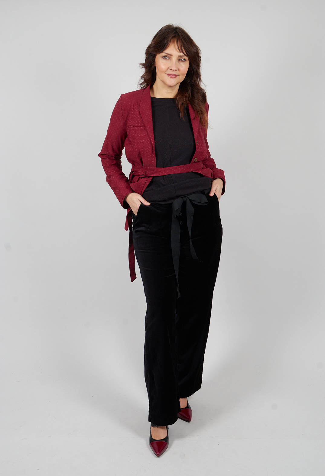 Belted Wide Leg Trousers in Black Velvet