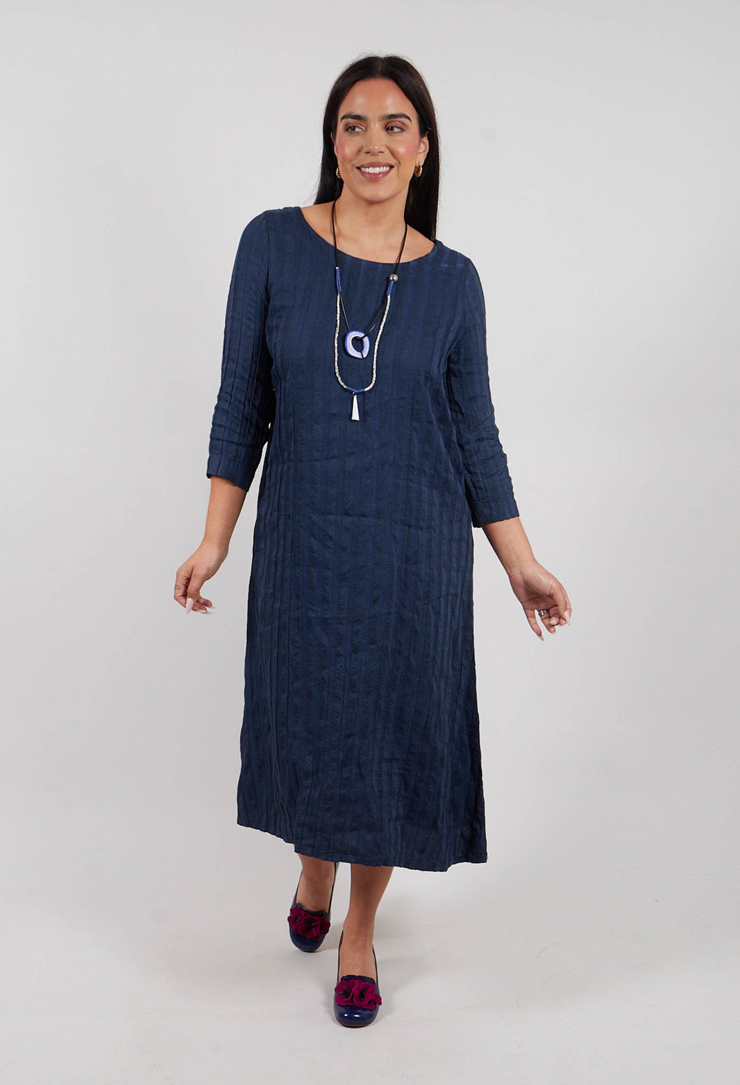 Plain Dress with Stitched Stripe in Deep Sea