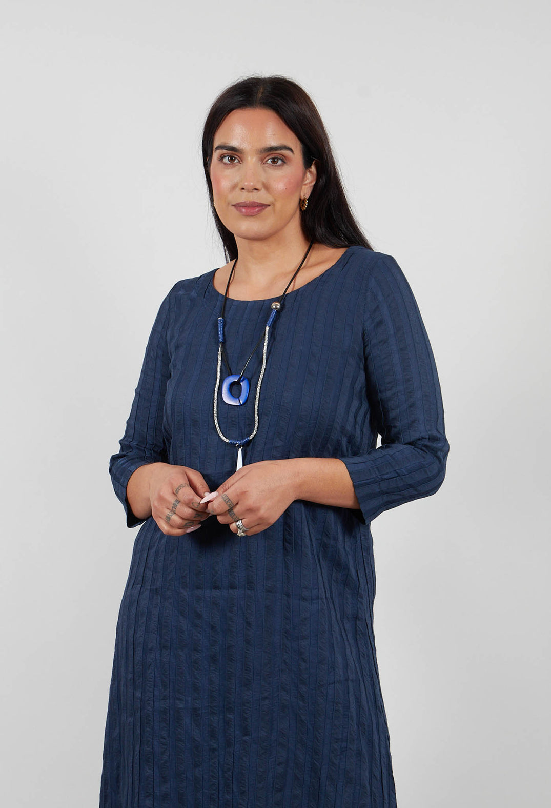 Plain Dress with Stitched Stripe in Deep Sea