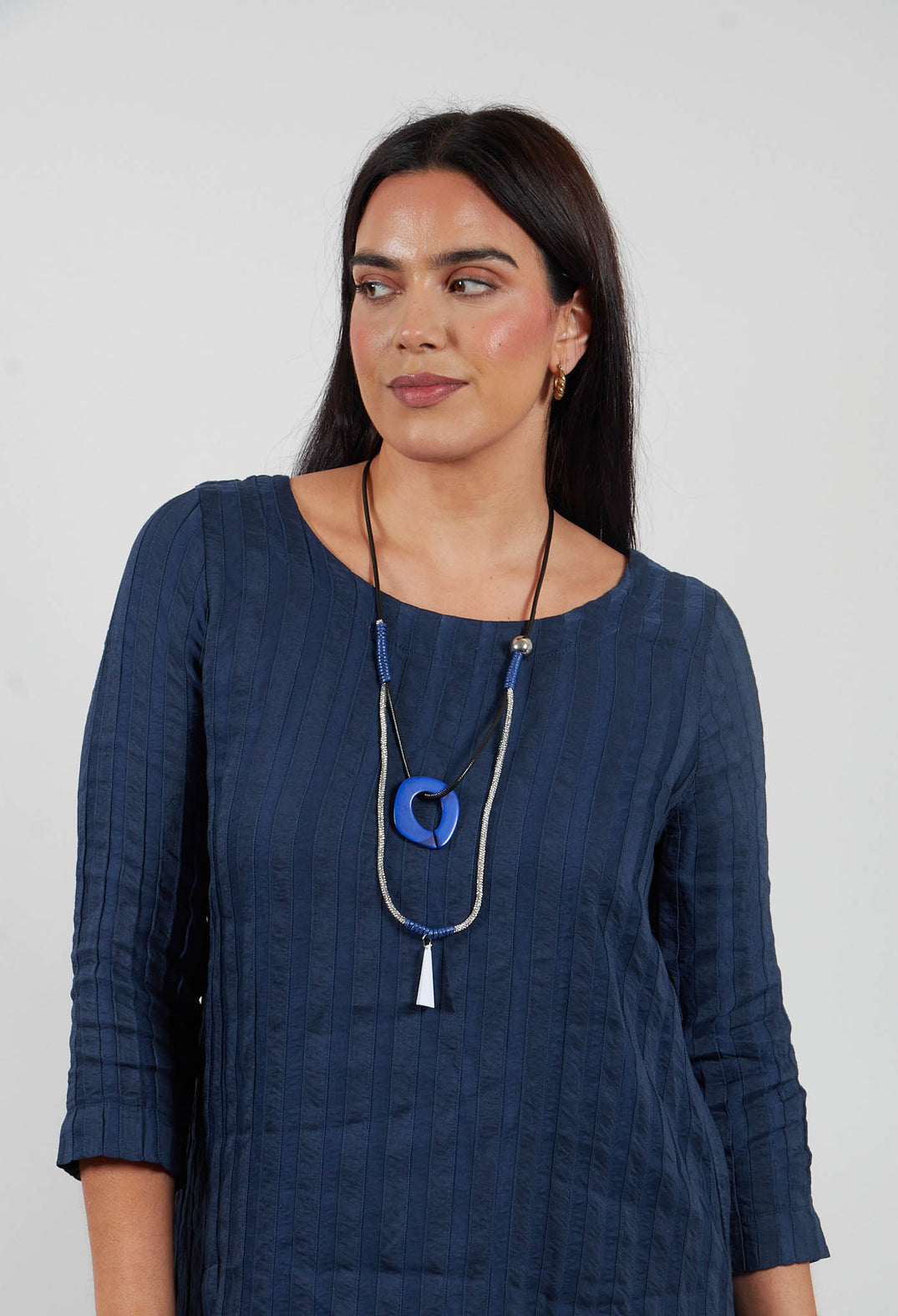 Plain Dress with Stitched Stripe in Deep Sea